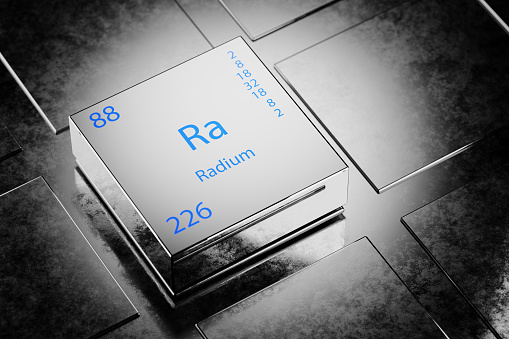 3D illustration of Radium as an element of the periodic table. Radium element a metallic background. Radium chemical element design showing element name, atomic weight and number. 3d render.