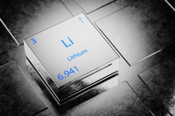 3D illustration of Lithium as an element of the periodic table. Lithium element a metallic background. Lithium chemical element design showing element name, atomic weight and number. 3d render. stock photo
