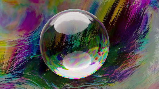 Soap bubble on variegated multicolored abstract background. CGI