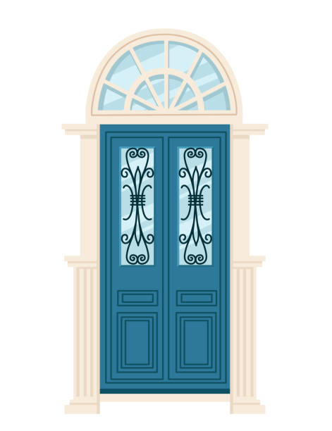 istock Blue wooden retro door with glass vector illustration on white background 1470745268