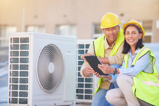 istock Air conditioner, building maintenance and teamwork with tablet, smile and development with engineer team. Engineering man, repair woman and digital tech in portrait with collaboration for ac repair 1470745400