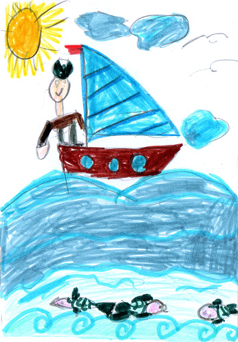 Child drawing ship in the sea. Sailing sailboat on the waves in the sea. Pencil art in childish style