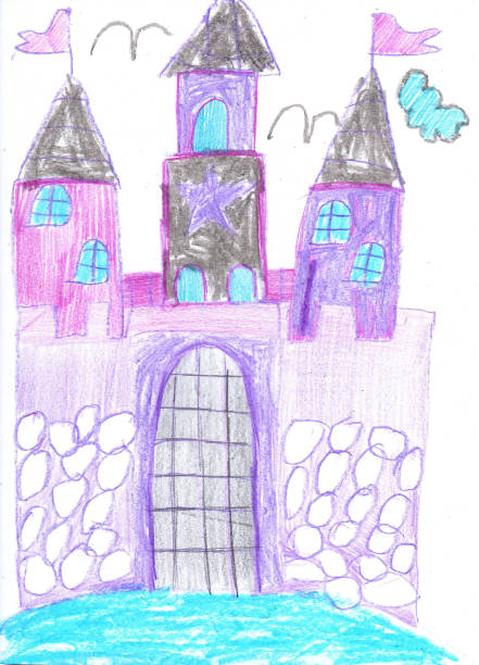 illustrazioni stock, clip art, cartoni animati e icone di tendenza di disegno per bambini di una fortezza da favola. arte della matita in stile infantile - castle fairy tale illustration and painting fantasy