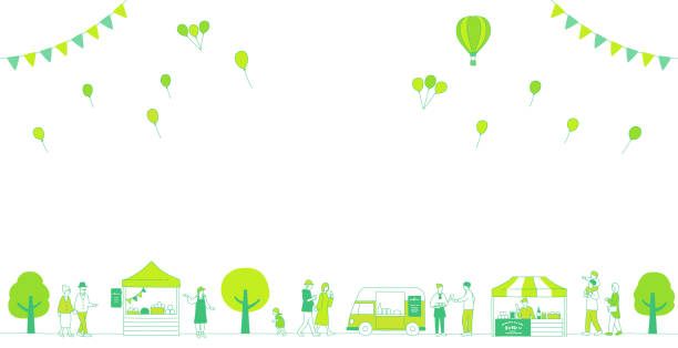 Marche event and people and green tree background material, balloon Marche event and people and green tree background material, balloon, early summer market square stock illustrations