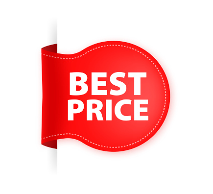Best price red label with ribbon. Vector illustration.