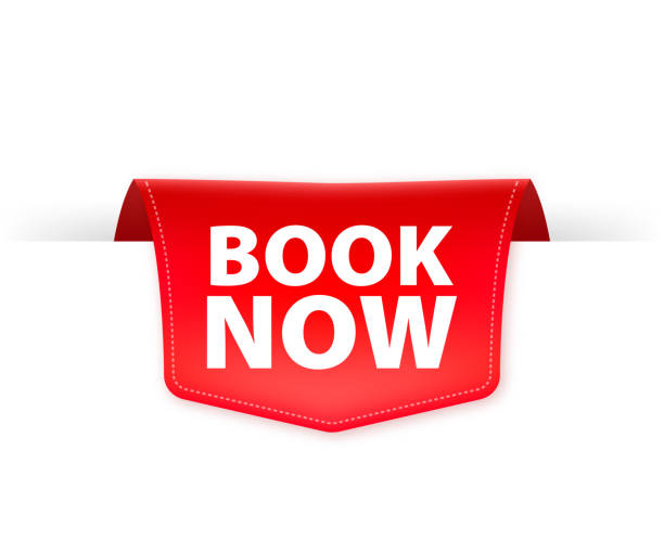 Book now red label with ribbon. Vector illustration Book now red label with ribbon. Vector illustration. education registration event stock illustrations