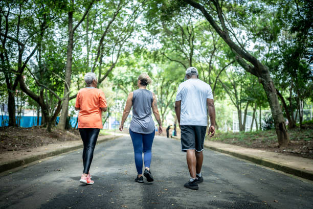 instructor de fitness caminando con una pareja mayor en un parque público - walking exercising relaxation exercise group of people fotografías e imágenes de stock