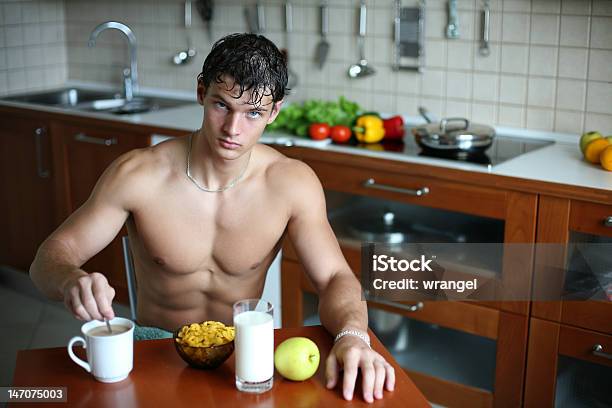 Sexy Man At The Kitchen Stock Photo - Download Image Now - Adult, Adults Only, Apple - Fruit