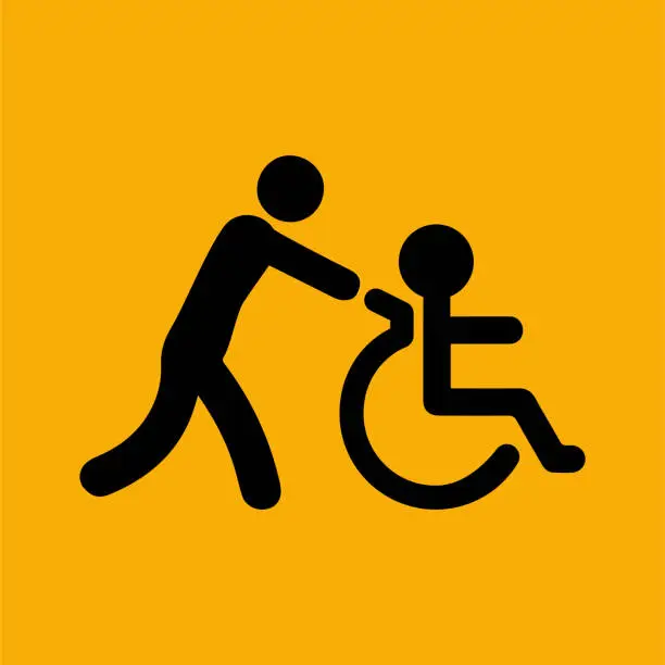 Vector illustration of Helping a disabled, Wheelchair icon on a yellow background.