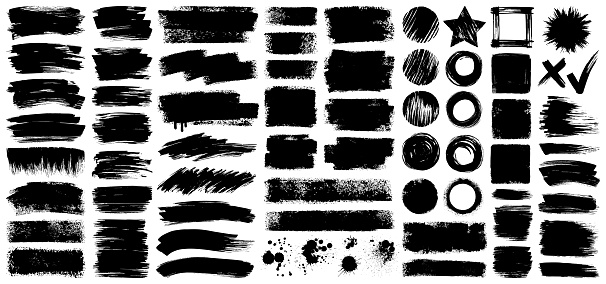 Set of ink splashes, paint strokes, backgrounds and frames. Paint roller and brush stroke. Hand drawn design elements. Isolated vector grunge images black on white.