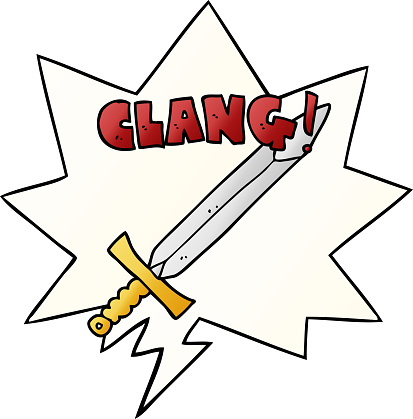 cartoon clanging sword with speech bubble in smooth gradient style