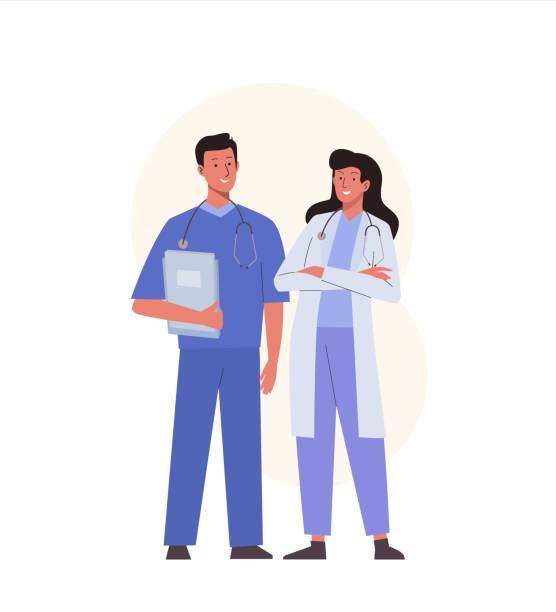 ilustrações, clipart, desenhos animados e ícones de equipe médica uniformizada. personagens do pessoal médico - médico