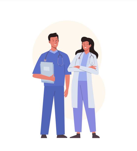 Doctor team in uniform. Medical personnel characters Doctor team in uniform. Medical personnel characters in cartoon flat style. Vector illustration pharmacist cartoon stock illustrations