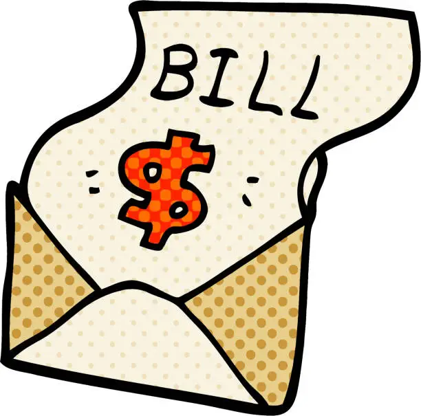 Vector illustration of cartoon doodle bill in envelope