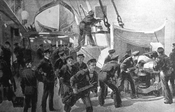 istock Antique illustration - sailors in action exercise on a battleship 1470757455
