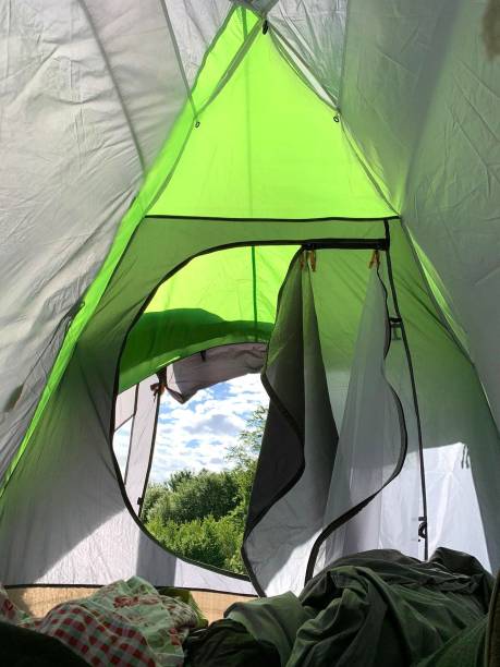 istock Inside view from tent on trees and the sky 1470758629