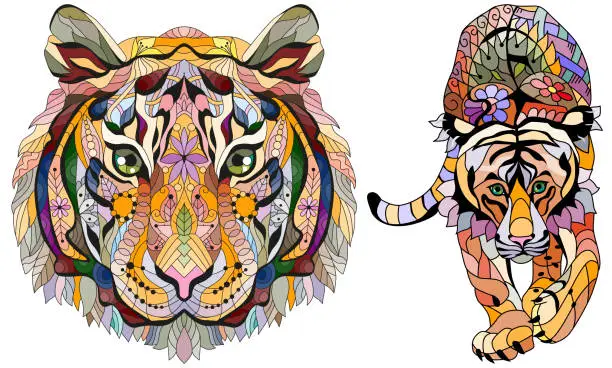 Vector illustration of Tiger doodle stylized, vector, illustration, hand drawn. Print for t-shirts and decoration.