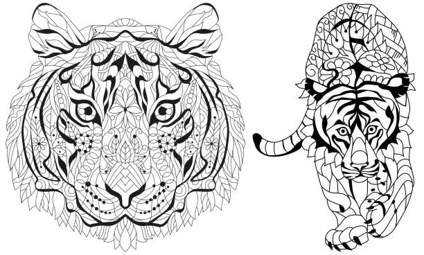 Vector illustration of Tiger doodle stylized, vector, illustration, hand drawn. Print for t-shirts and coloring books.