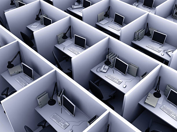 Aerial view of identical cubicles with desktop computers 3D illustration of office for routine work in blue color office cubicle stock pictures, royalty-free photos & images