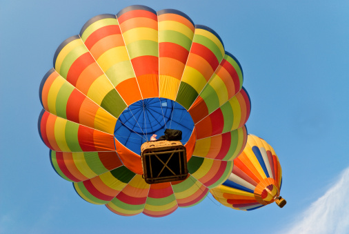 colorful hot air balloons from below