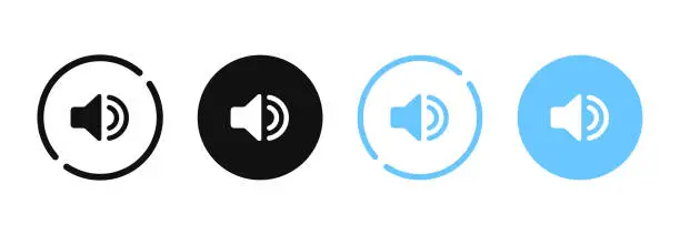 Vector illustration of Speaker and sound icon. Computer voice icon. Megaphone and music icon. Sound pictogram. Musical note. Audio sign. UI UX element. Sound button. Audio system, noise with soft UI, push button.