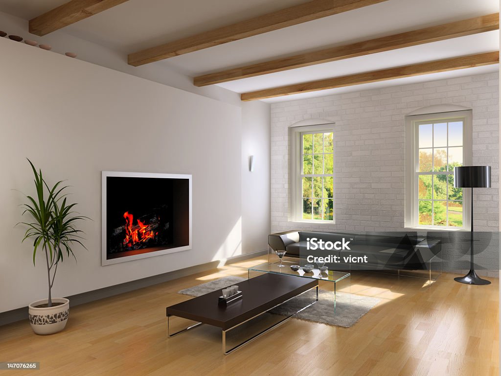 Beautiful living room interior with hard wood flooring  living room interior design (3D rendering) Fireplace Stock Photo