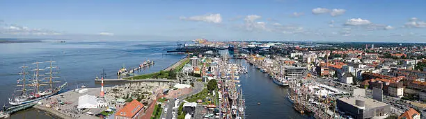 Panorama of the city of Bremerhaven in Germany. The recording emerged as a variety of ships sails in the city to host.