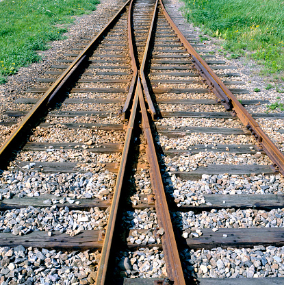 Intersection point of multiple railroad track in close up