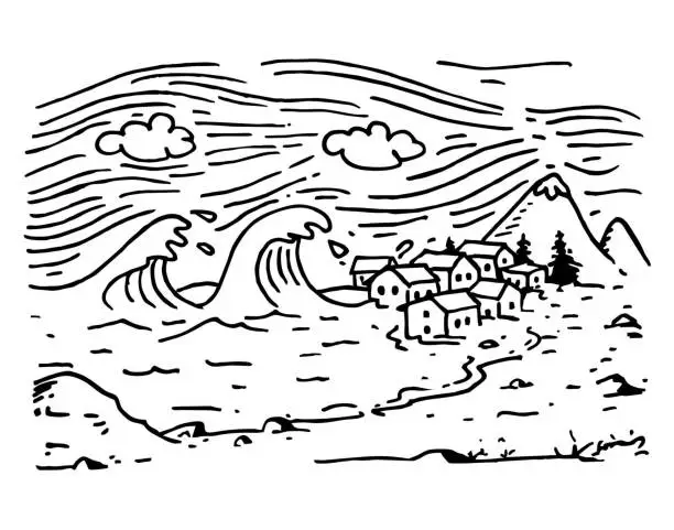 Vector illustration of Hand drawn Tsunami vector illustration