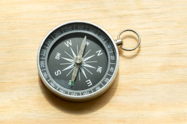 istock One simple small compass, wayfinding symbol world directions abstract concept, object closeup, natural sun light, laying on a wooden table, detail, up close. Navigation and pathfinding, search, travel 1470771666
