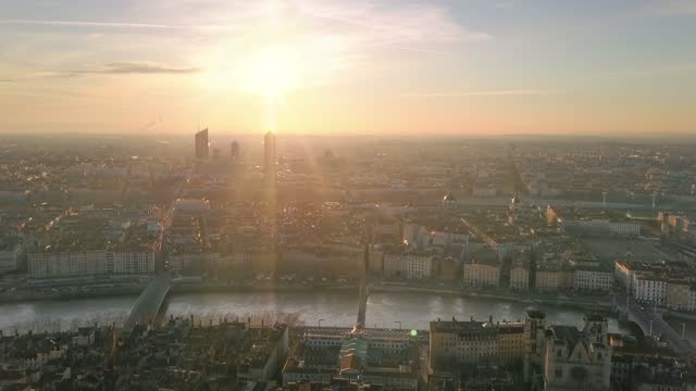 lyon city aerial shot at sunrise