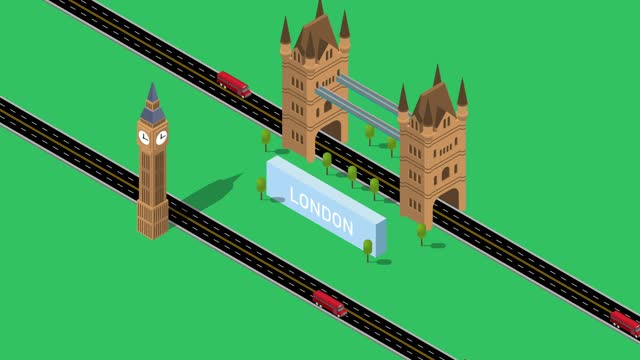 London bridge, Big Ben and red buses in motion 3d animation