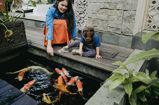 Pretty mother and a young baby relax on a rock while watching the Koi fish swim by