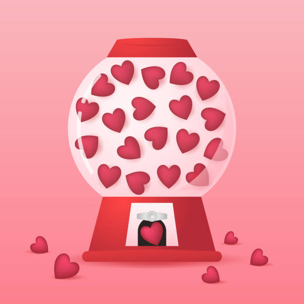 istock Heart in vending machine filled with red blue and white bubble gum hearts on pink background. illustration with transparent glass. Valentine's day. 1470779237