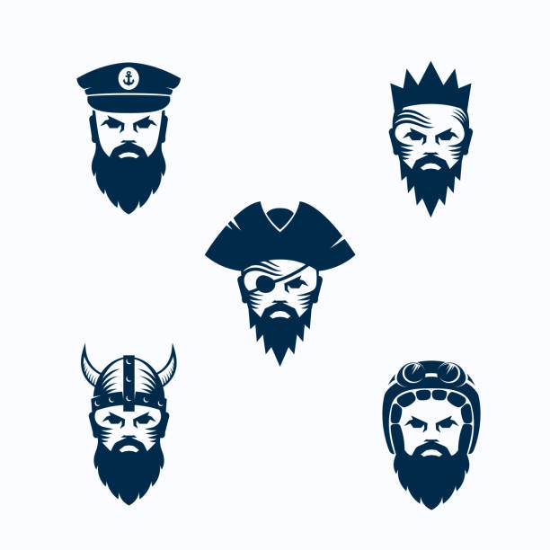 ilustraciones, imágenes clip art, dibujos animados e iconos de stock de conjunto de siluetas de cara de vector men. caras barbudas de guerrero, capitán, pirata, rey y motociclista. plantillas de emblemas abstractos, letreros de equipos deportivos o iconos - viking mascot warrior pirate