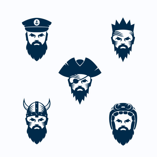 illustrations, cliparts, dessins animés et icônes de ensemble de silhouettes de visage d’hommes vectoriels. visages barbus de guerrier, capitaine, pirate, roi et motard. emblèmes abstraits, modèles de signes ou d’icônes d’équipe sportive - viking mascot warrior pirate