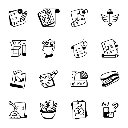 Doodle maths pack includes simple and clean hand drawn icons and animations you could use for your education theme design works. The set features a variety of math manipulatives, concepts and learning methods such as cards, blocks, dice, geometry, classrooms, online learning and more.