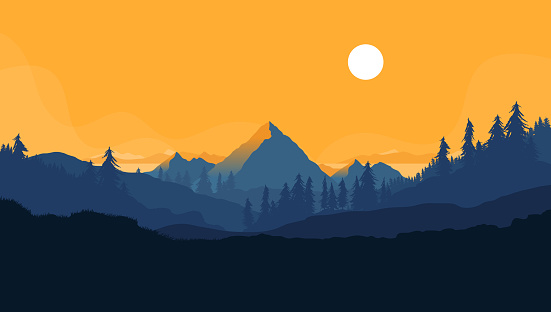 Flat design vector illustration of nature with forest mountain and sun with calm tranquil mood