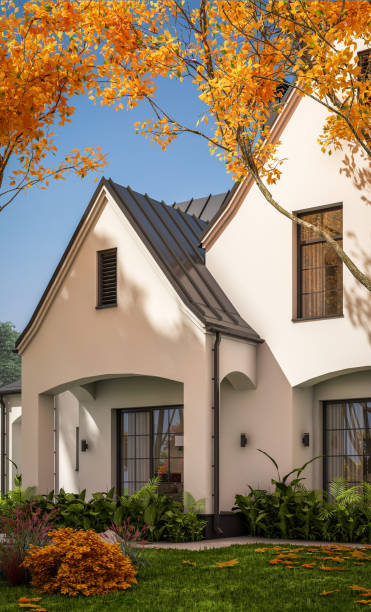 가을날 흰색과 검은색 현대 튜더 하우스의 3d 렌더링 - falling vertical green grass 뉴스 사진 이미지