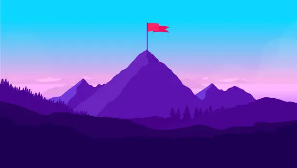 Vector illustration of Mountain with flag on top