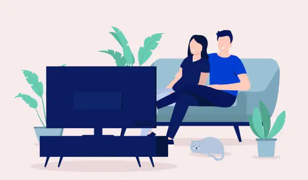 Vector illustration of Couple relaxing in front of TV