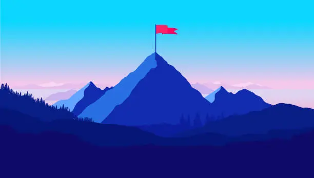 Vector illustration of Mountaintop with flag vector illustration