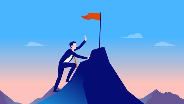 Businessman climbing mountain trying to reach flag on top Working your way up and motivational concept, flat design vector illustration reach destination stock illustrations