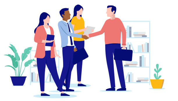 Office people and new client deal Team of businesspeople shaking hands with new customer making agreement in business. Flat design vector illustration with white background employee introduction stock illustrations