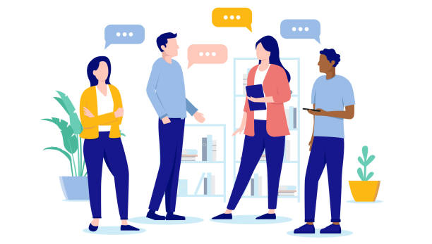 Team discussion with people in office Working businesspeople standing and talking together at work with speech bubbles. Flat design vector illustration four people office stock illustrations