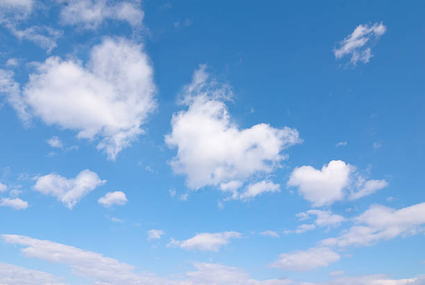 A blue sky with many heart shaped white clouds