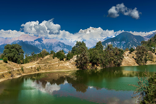 Deoriatal, Uttarakhand, India, Deoria Tal, Devaria or Deoriya lake at Sari village , Garhwal Himalayas, famous for snow capped chaukhamba mountains in the backdrop. It is considered sacred by Hindus.