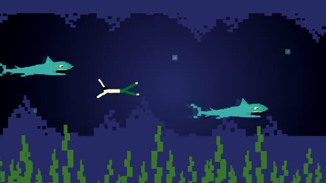 Animation of man swimming with sharks, old game, pixel art.