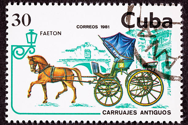 istock Canceled Cuban Postage Stamp Brown Horse Pulling Fancy Phaeton Carriage 147079434