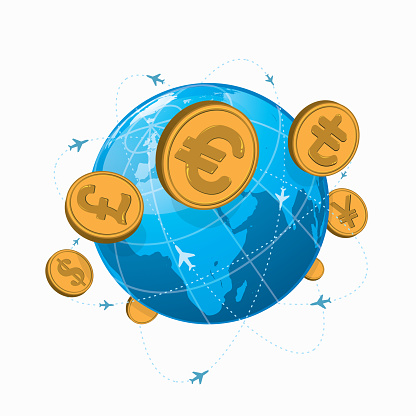 Travel and currency exchange around the world theme vector illustration. All design elements are on different layers.